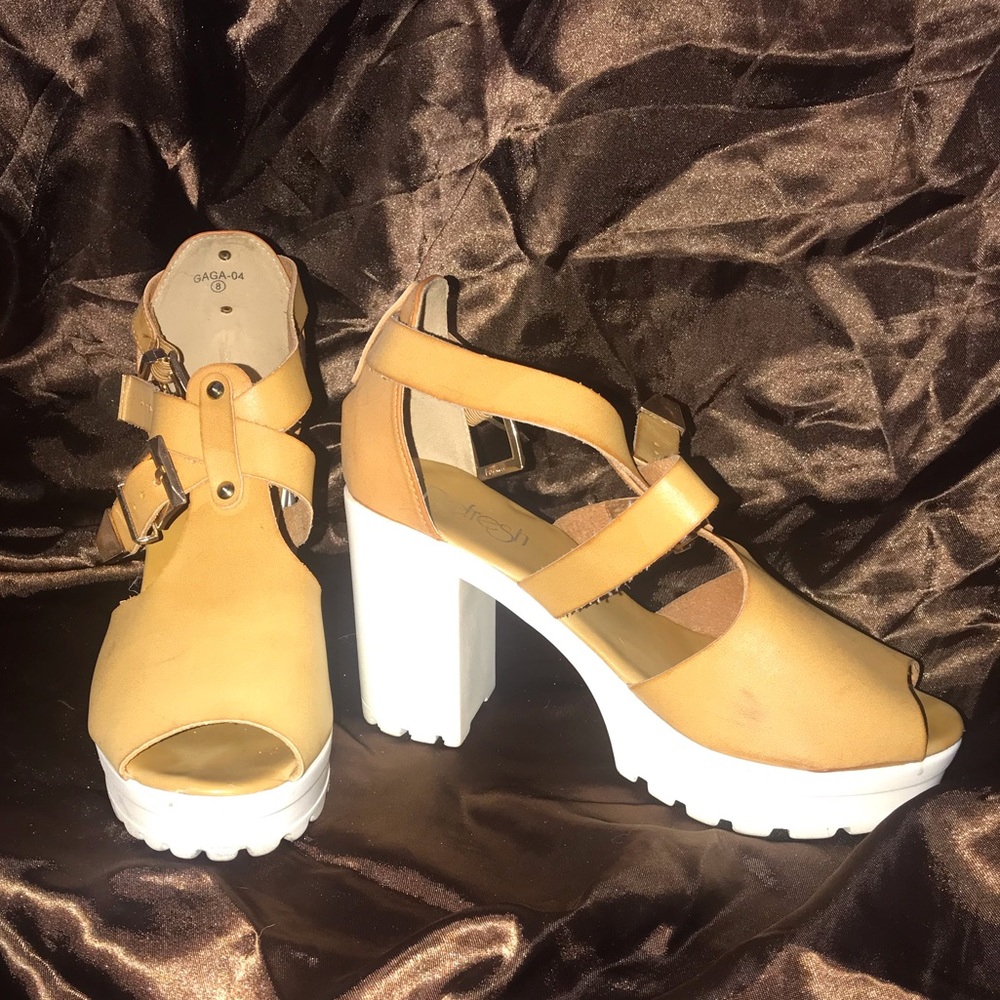 Cute Mustard Yellow Stained Chunky Platform Heels